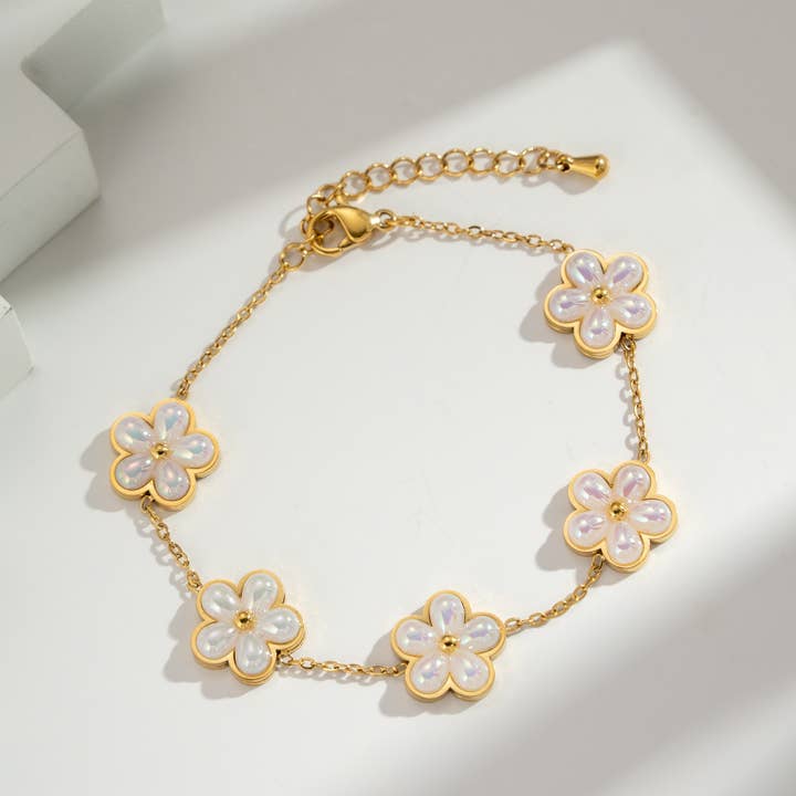 COSMOS - Wholesale Charm/Dangle Bracelet - Gold Bracelet for Women with Enameled Flowers and Stainless Steel Beads1