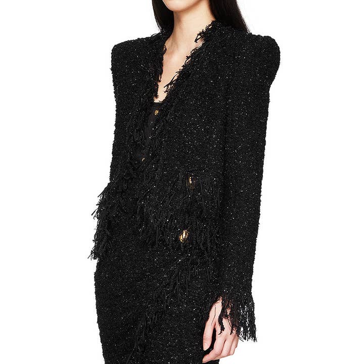 M83 Shiny Tweed Tassel Cardigan with Gold Button Detail for wholesale by Sanyao Fashion