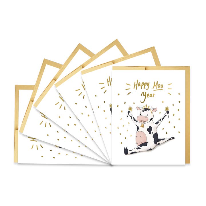 Happy Moo Year Boxed Set Of 6 Cards for wholesale by Good Juju Ink