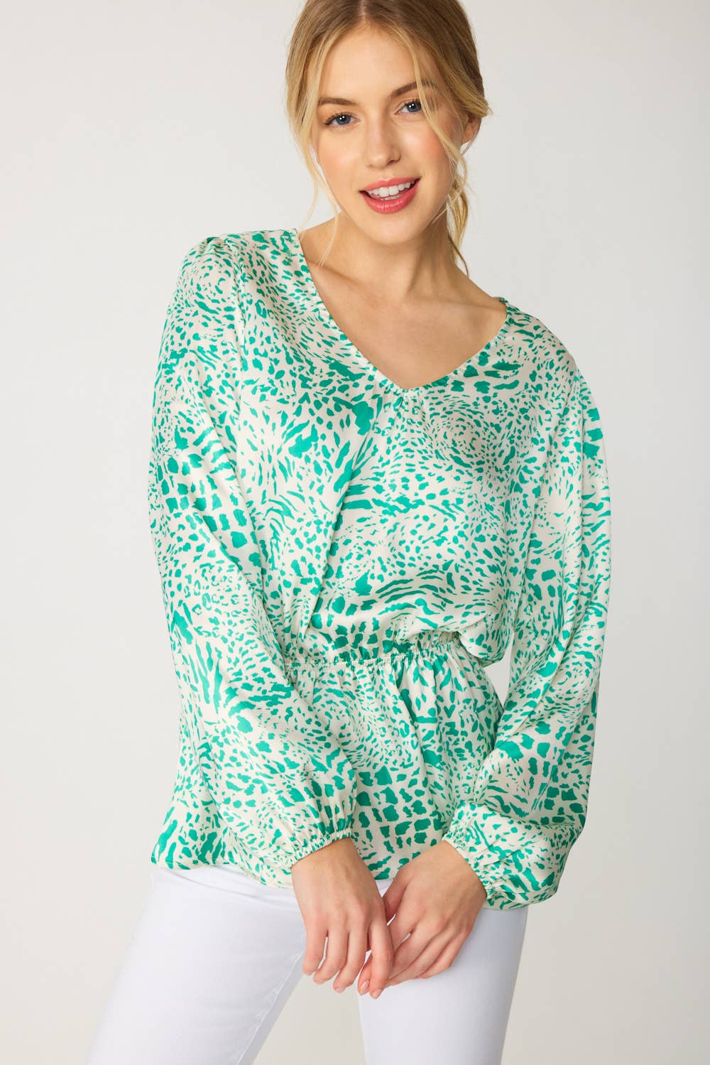 FSL Apparel – wholesale Blouse – Women’s – ST3755 - ANIMAL PRINT SATIN V NECK PEPLUM TOP1