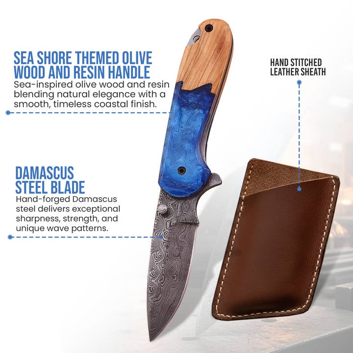 FH KNIVES - Vendita all'ingrosso Coltellino tascabile/portacoltellino - Coltello pieghevole Damascus 7,0' a tema costa marina, coltello tascabile1