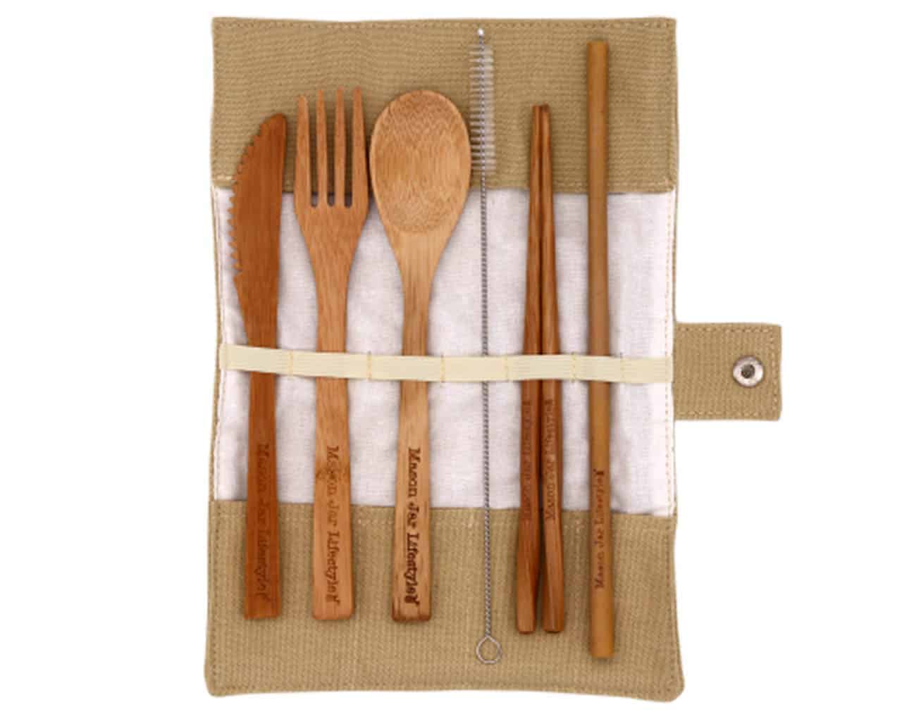 Mason Jar Lifestyle - Wholesale Assorted Cutlery Set - Travel Bamboo Utensil Set With Cotton Roll-Up Carrying Case2