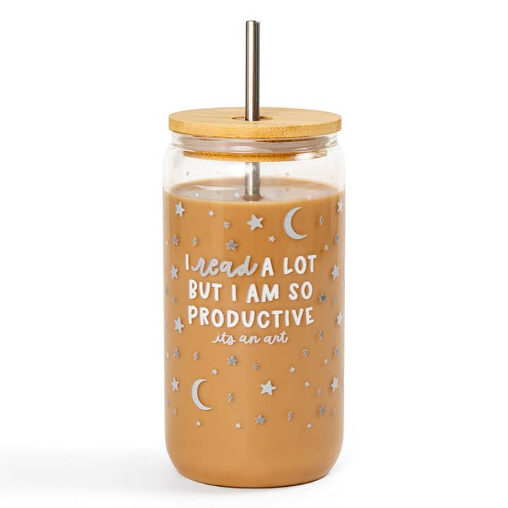 Bicchiere in vetro « I Read A Lot » con coperchio in bambù e cannuccia per la vendita all'ingrosso da parte di Pippi Post