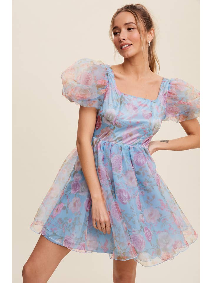 Listicle - Wholesale Dress - Women's - Floral Puff Sleeve Organza Mini Dress4