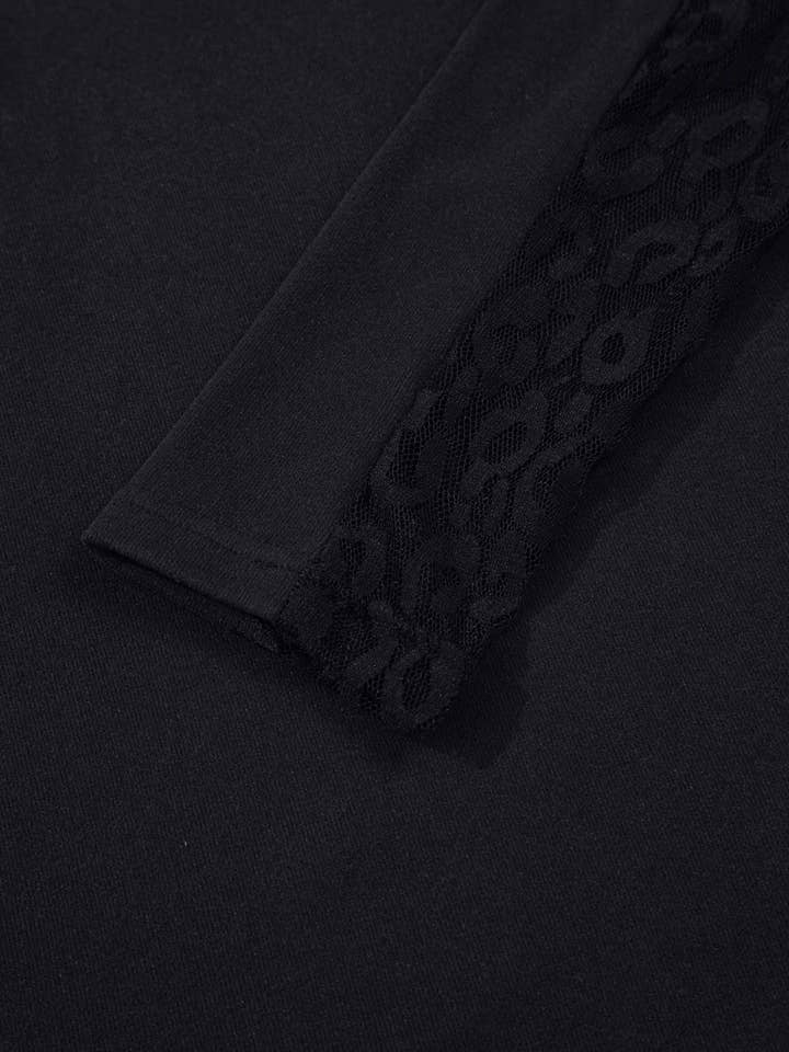 Black Leopard Mesh Patchwork Knit Long Sleeve Top for wholesale on Faire6