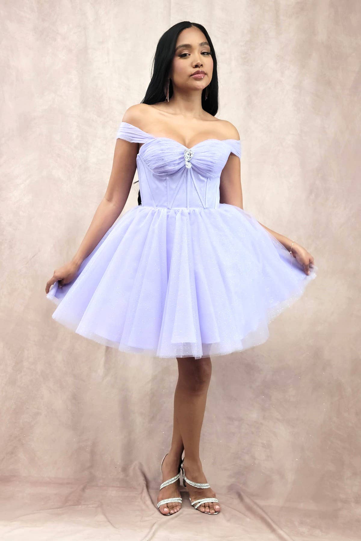 Chicas - Wholesale Dress - Women's - Short Off The Shoulder Tulle Dress With Brooch3