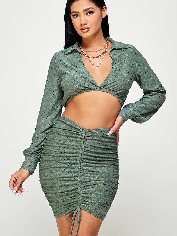 🔥Eyelet crop top & mini skirt set😍 for wholesale by Spring Haze Inc.