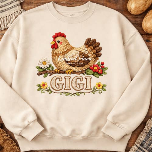 Gigi Chicken abbigliamento grafico con falso ricamo per la vendita all'ingrosso da parte di Kindred Flame Outfitters