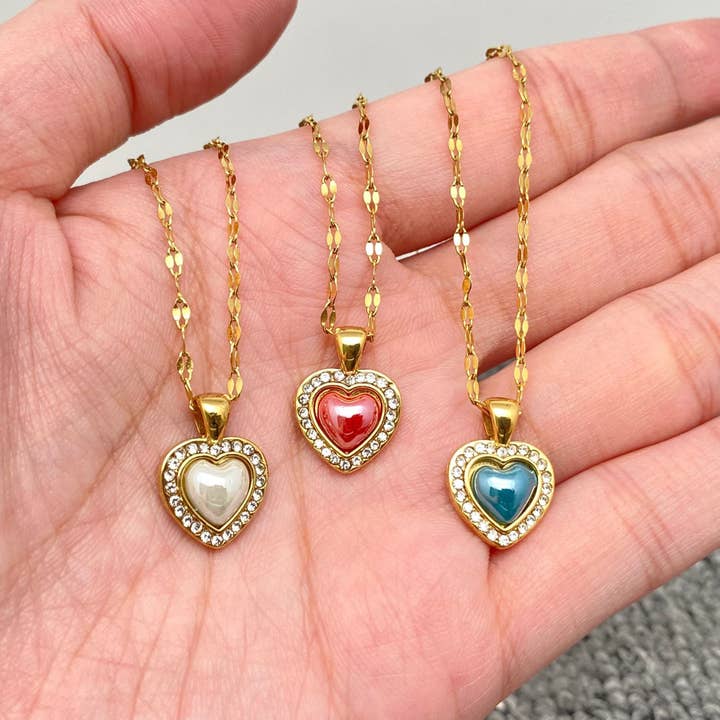 FGS - Enamel Heart 18K Golden Steel charm Inlaid CZ Necklace for wholesale by Mio Queena