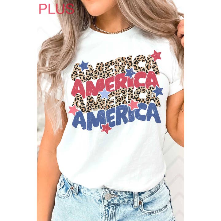 BLUME & CO. - Wholesale T-Shirt (Graphic) - Women's - LEOPARD AMERICA REPEAT Plus Size Graphic Tee