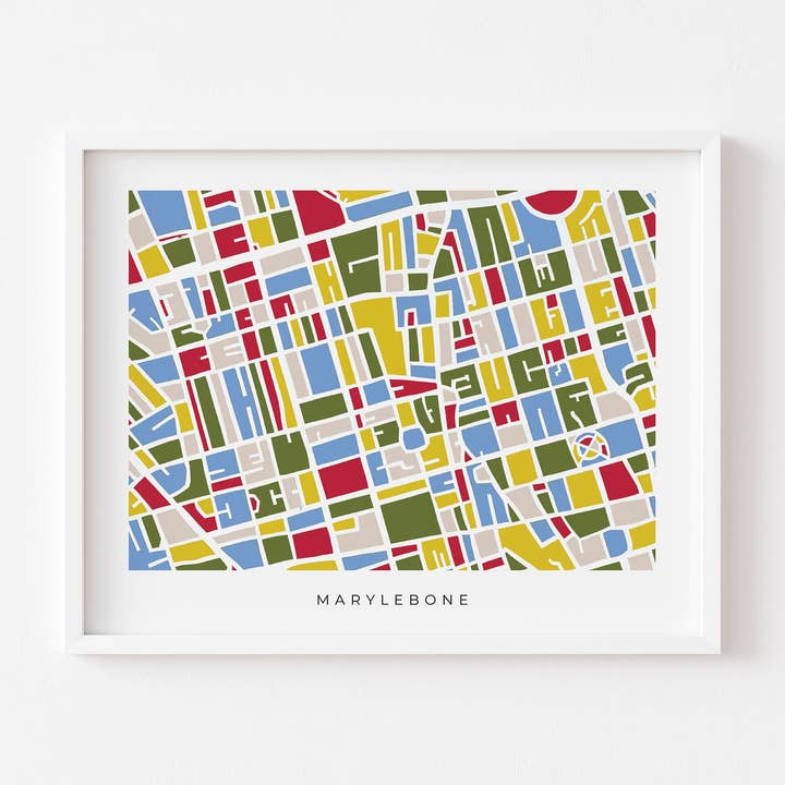 Minimalistische kunstkaart van London Marylebone: kleurrijk en minimalistisch voor wholesale door Faraway Places Paper