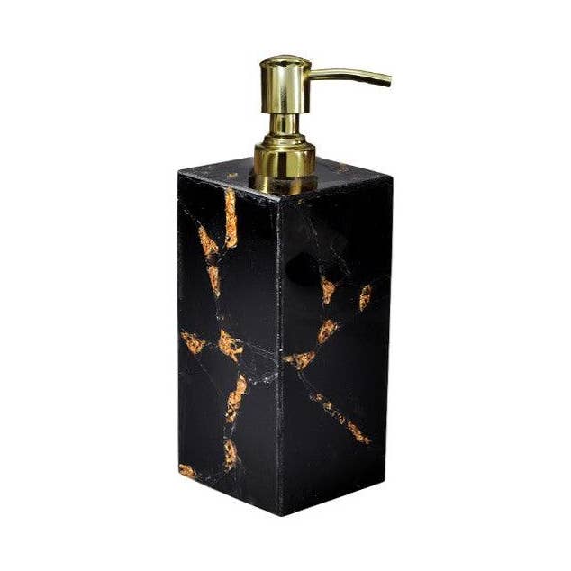 Dispenser di lozione in ossidiana nera con foglia d'oro per la vendita all'ingrosso da parte di ETEREO New York