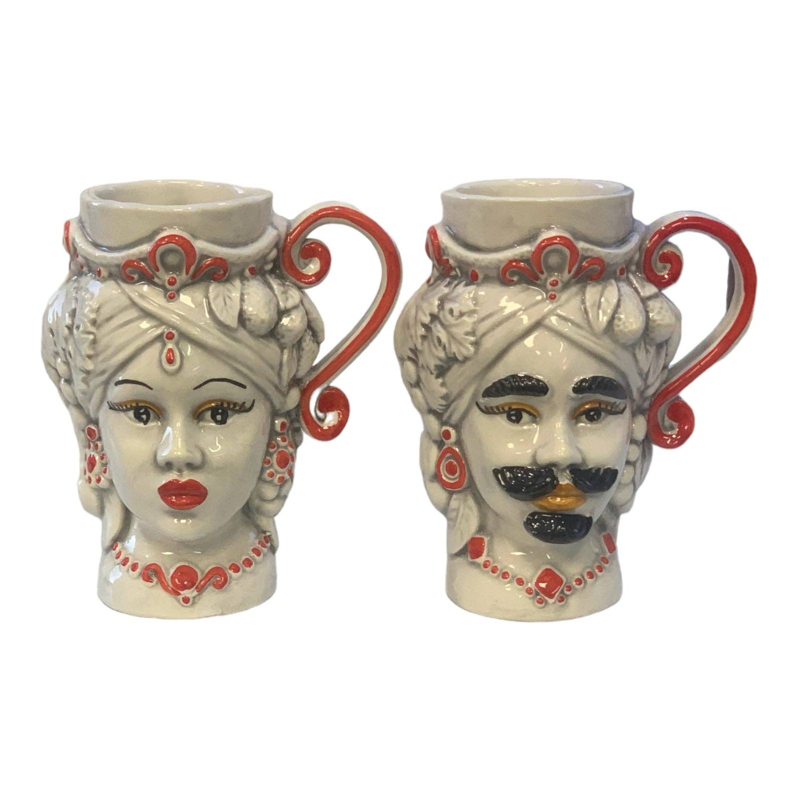 Made in eatalia - Wholesale Coffee Mug - Couple of Moor's Heads Cups in Caltagirone ceramic, Off White & Fruit Decoration , h 15 x W 13 cm approx0
