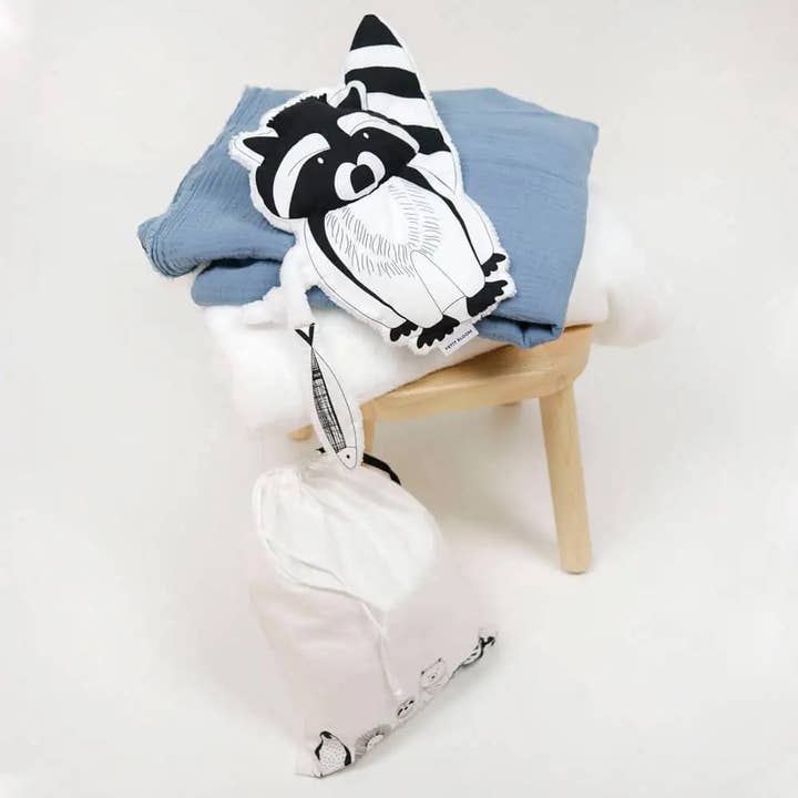 PETIT BLOOM - Wholesale Security/Cuddle Blanket - Baby - Black and White Plush Rona The Raccoon1