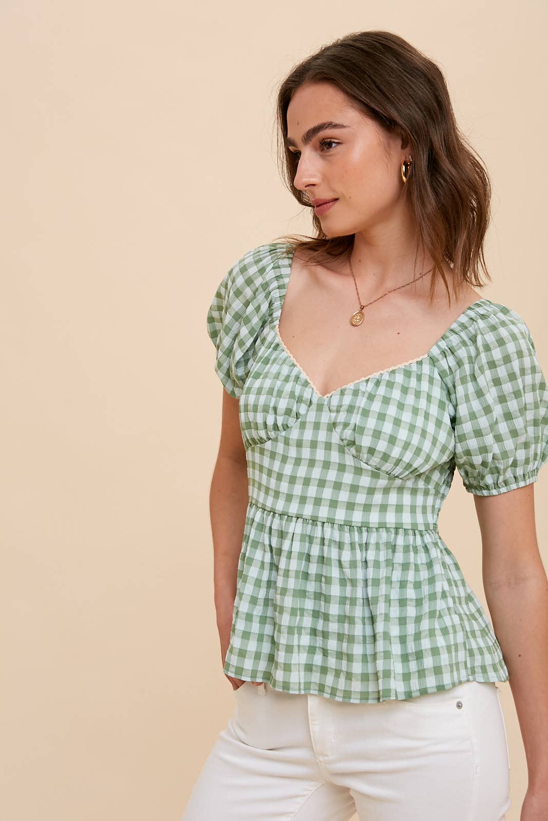 In Loom - Wholesale Blouse - Women's - GINGHAM SWEETHEART NECKLINE BLOUSE2