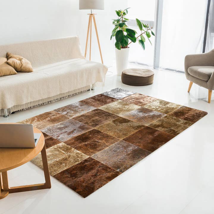 Bronze Natural Cowhide Patchwork Rug, Luxury Living Room Carpet for wholesale by Karelias And Sons