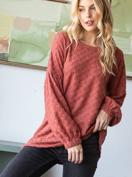 HEIMISH - Wholesale Blouse - Women's - ET7703-10 SOLID BRUSHED CHECKERED JACQUARD KNIT TOP