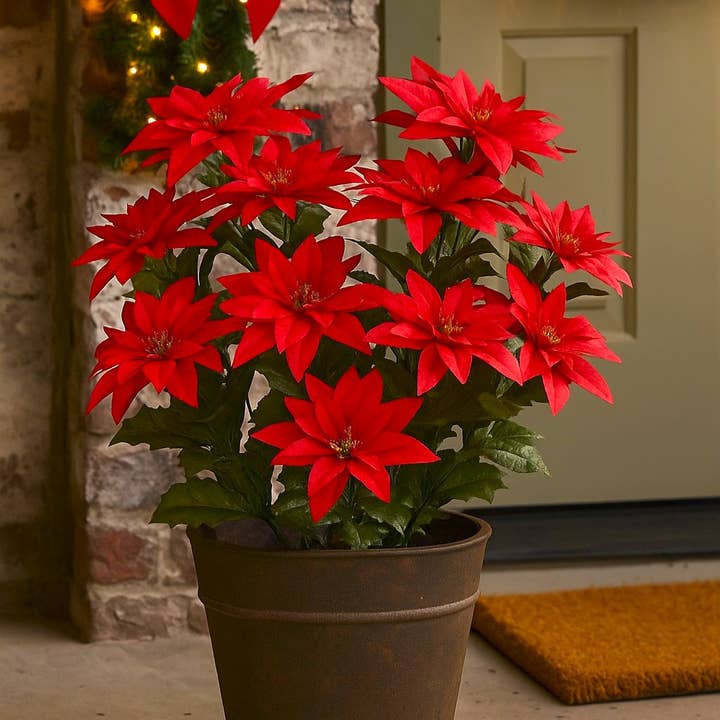 Larksilk - Wholesale Artificial flowers - 18" Red Poinsettia Bush Waterproof 14 Bloom Stems 2 Pieces2