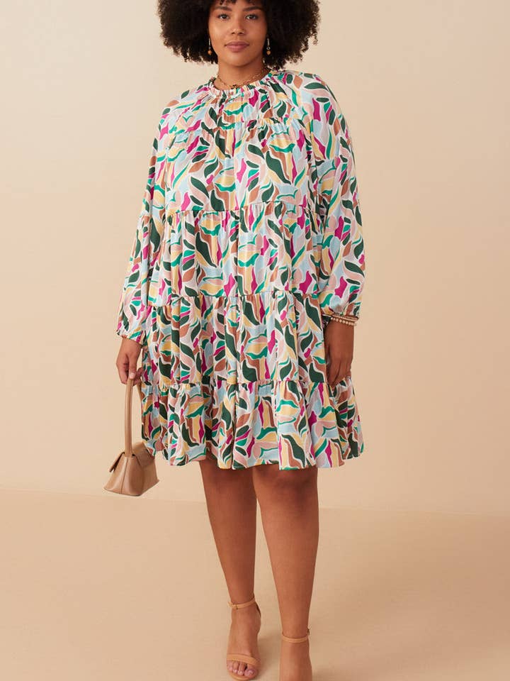 Magenta Mix Womens Abstract Floral Tiered Ruffle Neck Satin Dress for wholesale on Faire