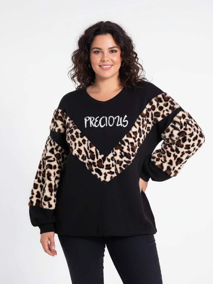 Black oversized sweater with leopard print (C6322) for wholesale by Pomme Rouge Paris