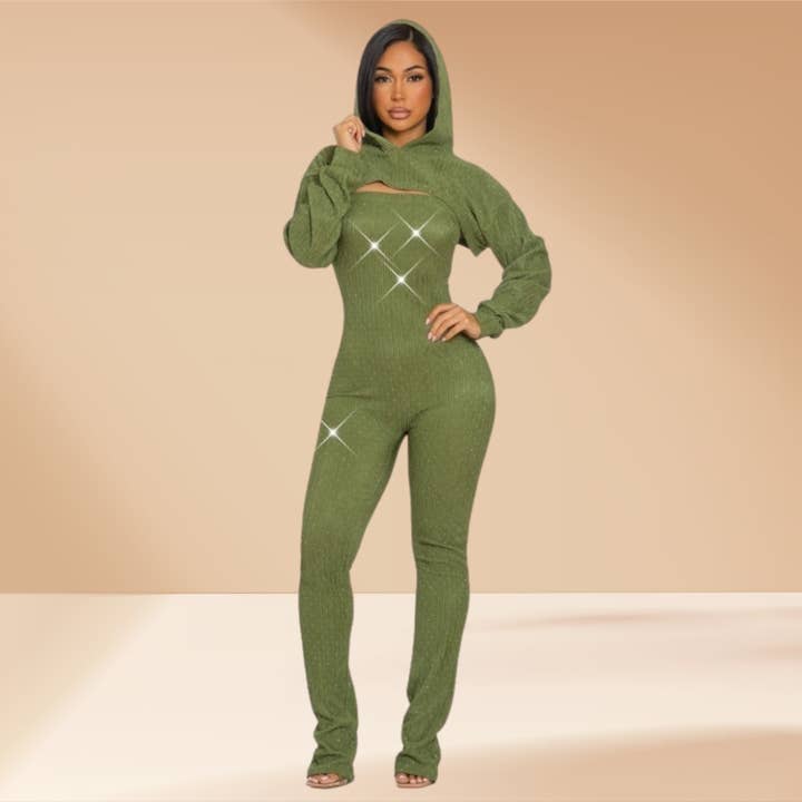 Combinaison à capuche ornée de strass 2 pièces pour la vente par Celystrends