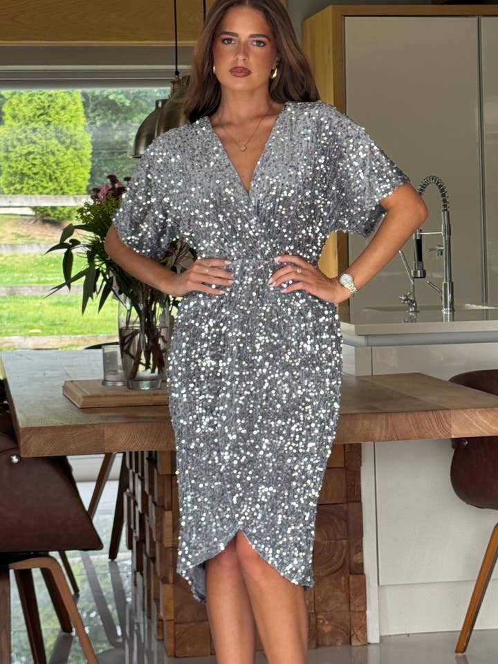Novah Silver Velvet Sequin Wrap Detailing Midi Dress for wholesale by Girl in mind