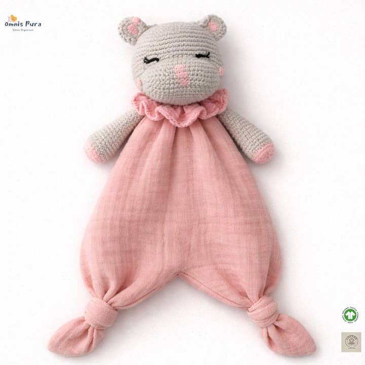 Handmade Baby, Crochet Hippo Comforter, Waldorf Toy for wholesale by Omnis Pura