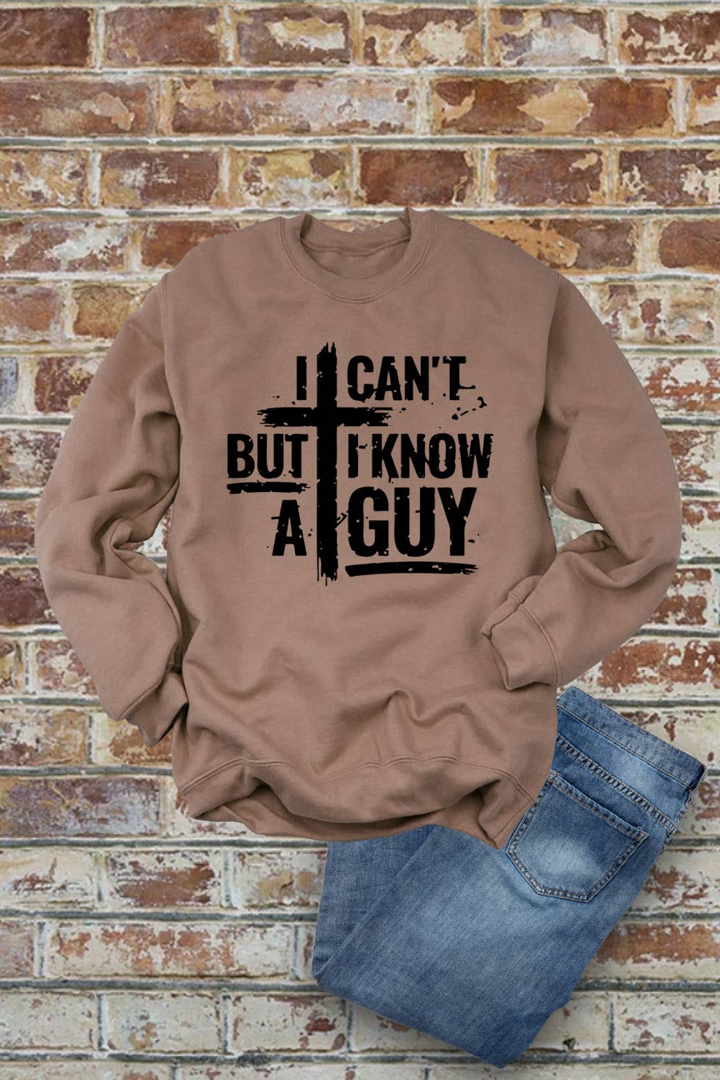 Top Avenue - Wholesale Graphic Sweatshirt - Women's - I Cant But I Know A Guy Distressed Cross, Unisex Crewneck Sweatshirt5