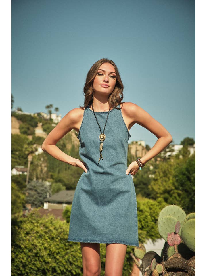 MED WASH 52142D - Open Back Tie At Back Neck Mini Denim Dress for wholesale on Faire2