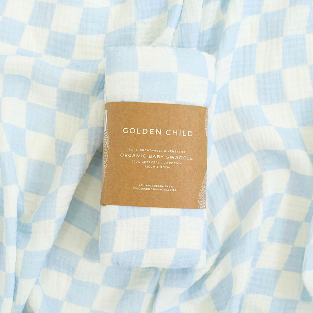 Golden Child - Wholesale Swaddle - Baby -  Wavy Baby Checked Organic Cotton Baby Swaddle - Ocean3