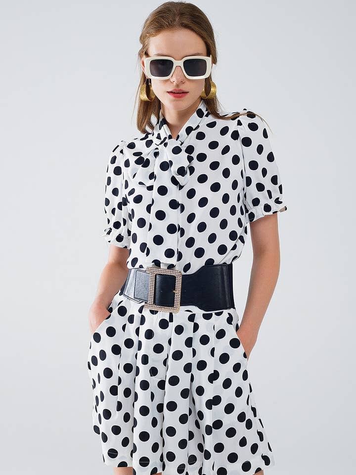 Polka dot blouse with scarf tie detail for wholesale by Q2—All Orders:Free Duties for the US,UK,and Canada