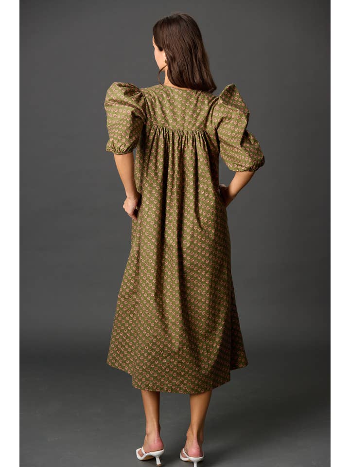 Olive Mauve Poplin Puff Sleeve Midi Dress for wholesale on Faire2