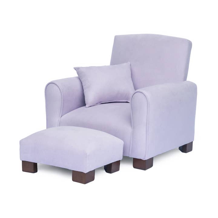 Lavender Suede Toddler Armchair with Footstool and Pillow for wholesale by The Rose Hill Company