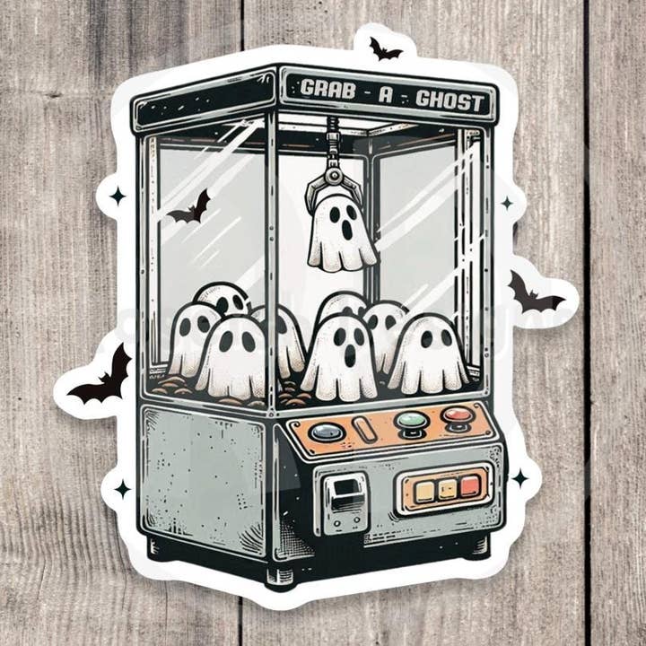 Grab a Ghost Claw Machine Sticker, Cute Halloween Ghost Sticker, Spooky Arcade, Kawaii Vinyl Ghost Sticker for Water Bottles & Laptops for wholesale by Roseish Designs