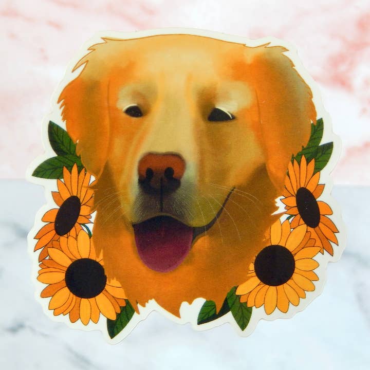 Autocollant Golden Retriever - Golden Retriever floral mignon pour la vente par Ethereal May
