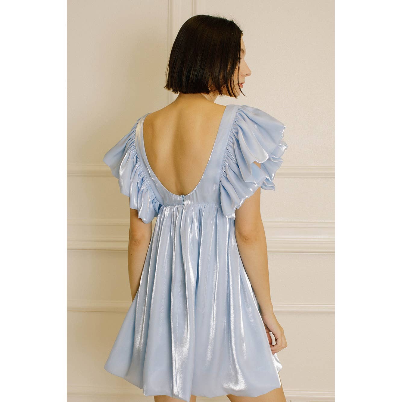 SKY BLUE HD2053BKP- MONOCHROMATIC PASTEL AND SHINY SHEEN MINI DRESS for wholesale on Faire4