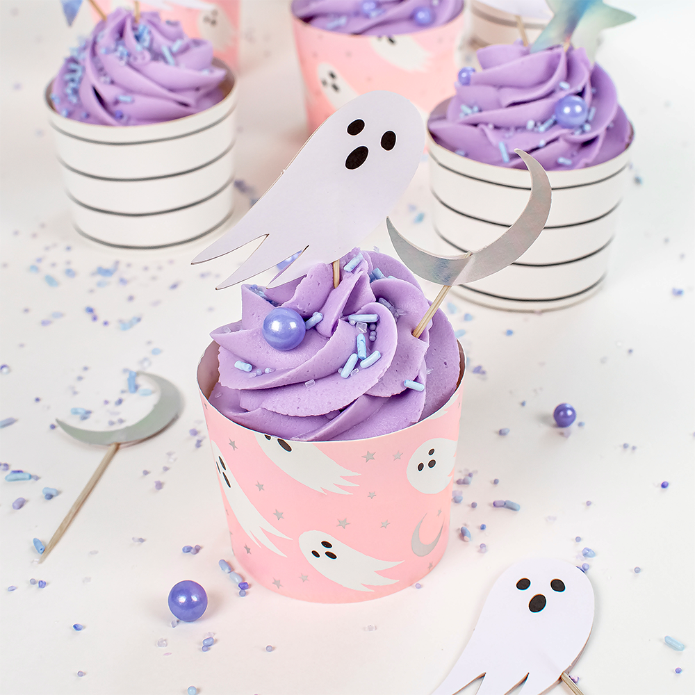 Jollity & Co. + Daydream Society – Großhandel Kuchen-/Cupcake-Topper – Spuktastisches Cupcake-Deko-Set mit holografischem Silber und Neonkoralle4