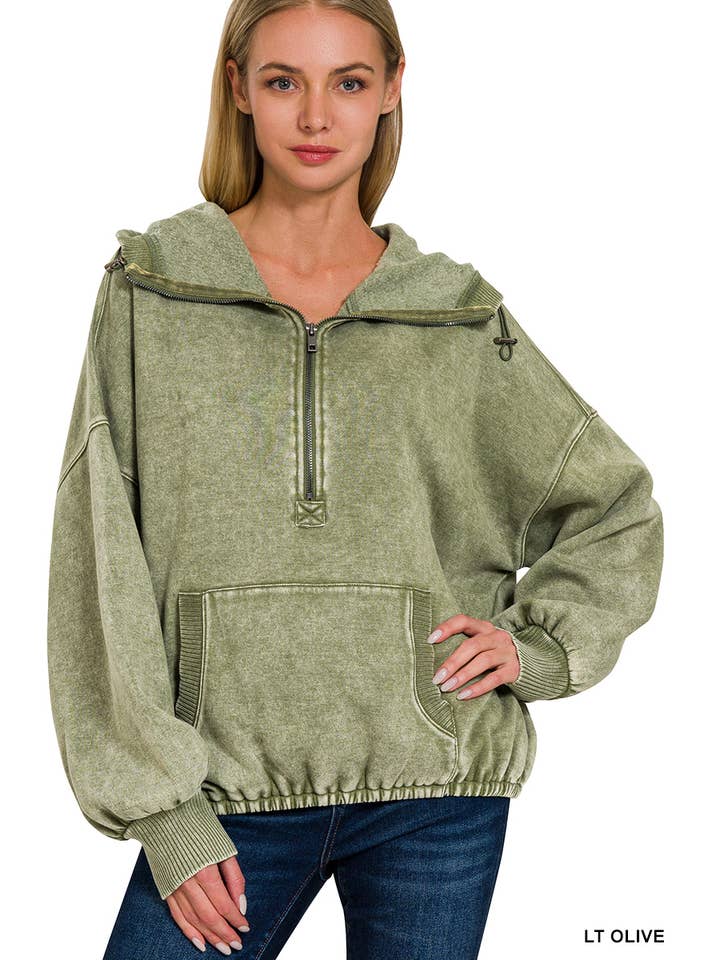 42POPS - Wholesale Hoodie – Women's - 1028 Washed Drawstring Hem Half Zip Kangaroo Hoodie SI-261351