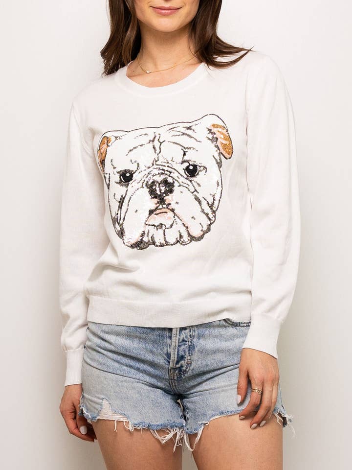 Mega Bulldog Sequin Sweater White for wholesale by Sparkle City