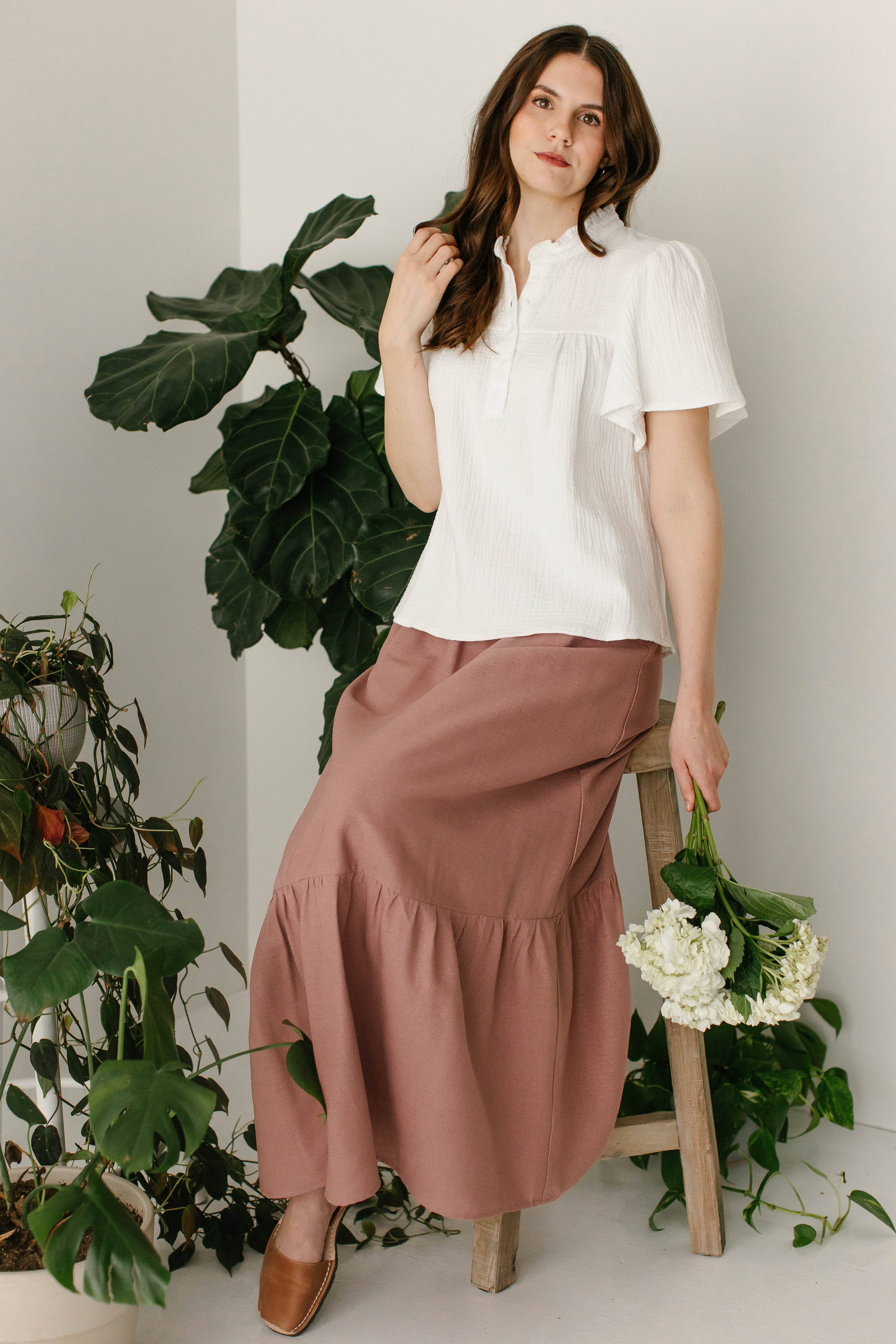 White 'Deborah' Cotton Gauze Ruffle Trim Blouse FINAL SALE for wholesale on Faire7