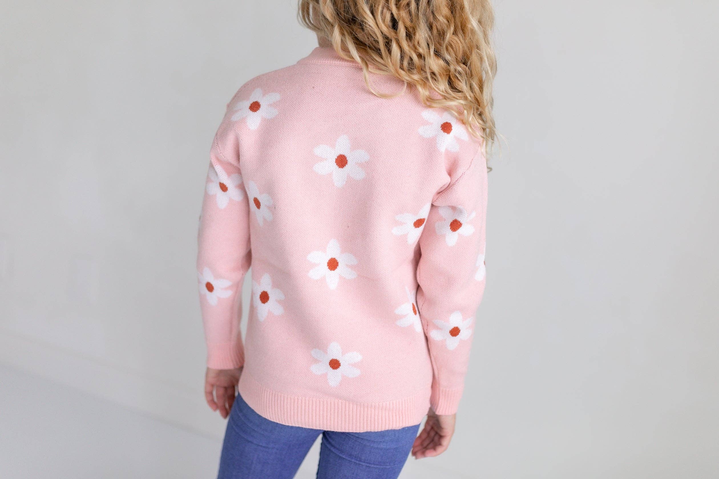 Oopsie Daisy - Wholesale Knit Sweater - Kids - Kids Blush Pink Flower Crew Neck Fall Winter Sweater1