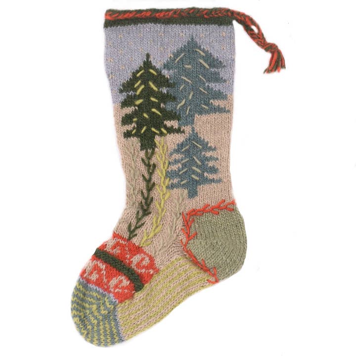Pine Forest Christmas Stocking – Embroidered Tree Knit for wholesale by Lost Horizons Canada