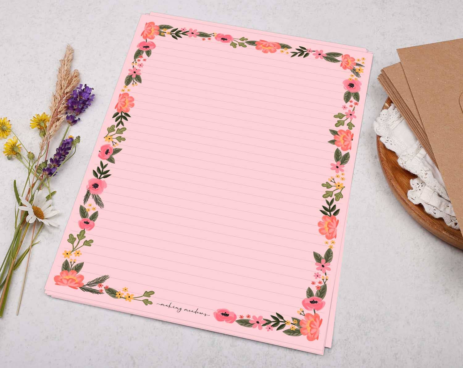 Making Meadows Ltd – wholesale Kontorsmateriel/Notecard Set – A4 rosa skrivpapper med blommig kant | Letter Set2