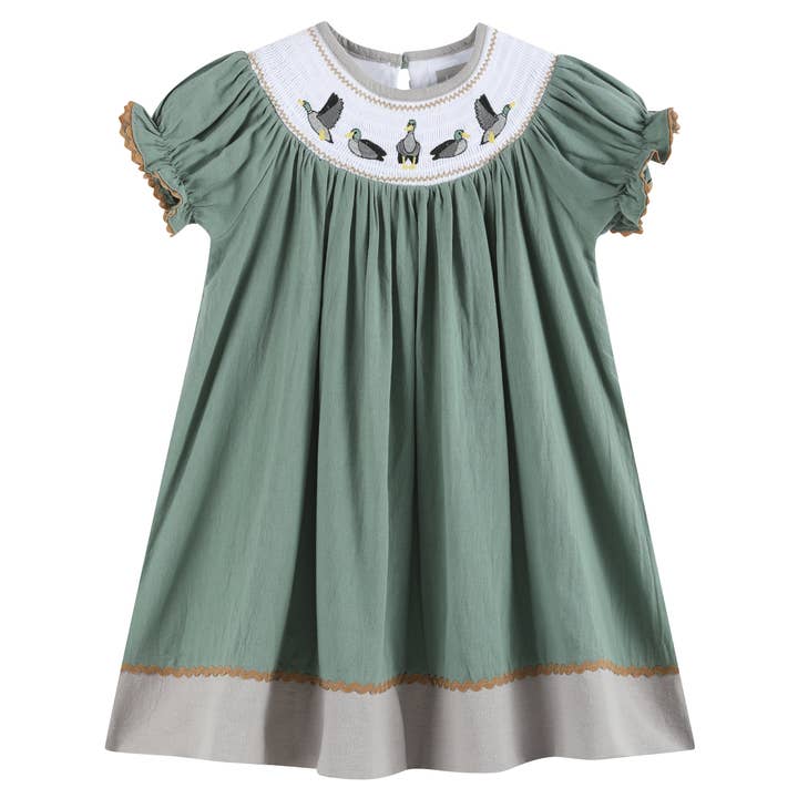 Lil Cactus - Wholesale Dress - Kids - Sage Green Mallard Smocked Bishop Dress