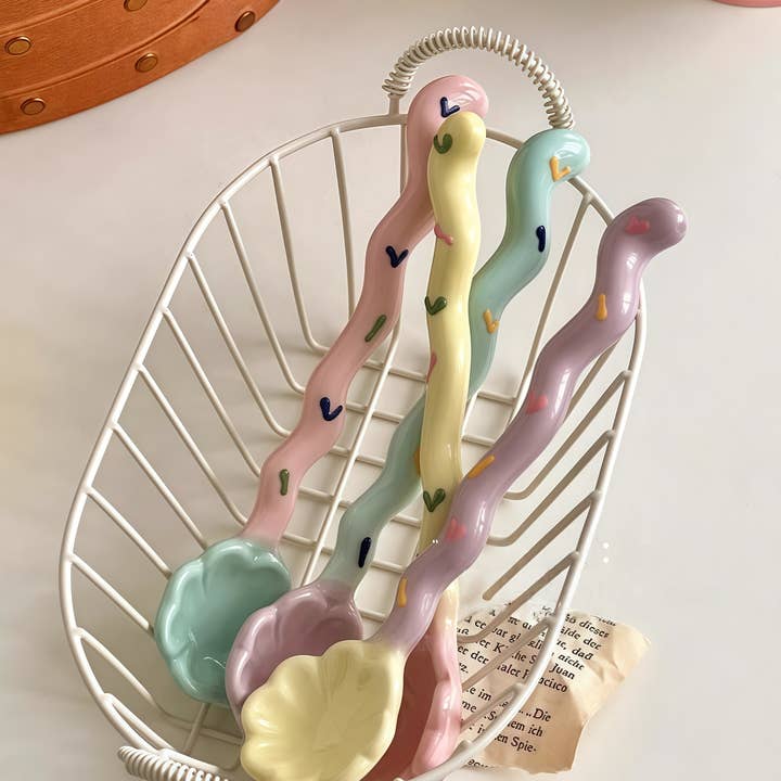 Otterware - Wholesale Table Spoon (Cutlery) - Whimsical Wavy Handle Flower Ceramic Dessert Spoons 4 colors8