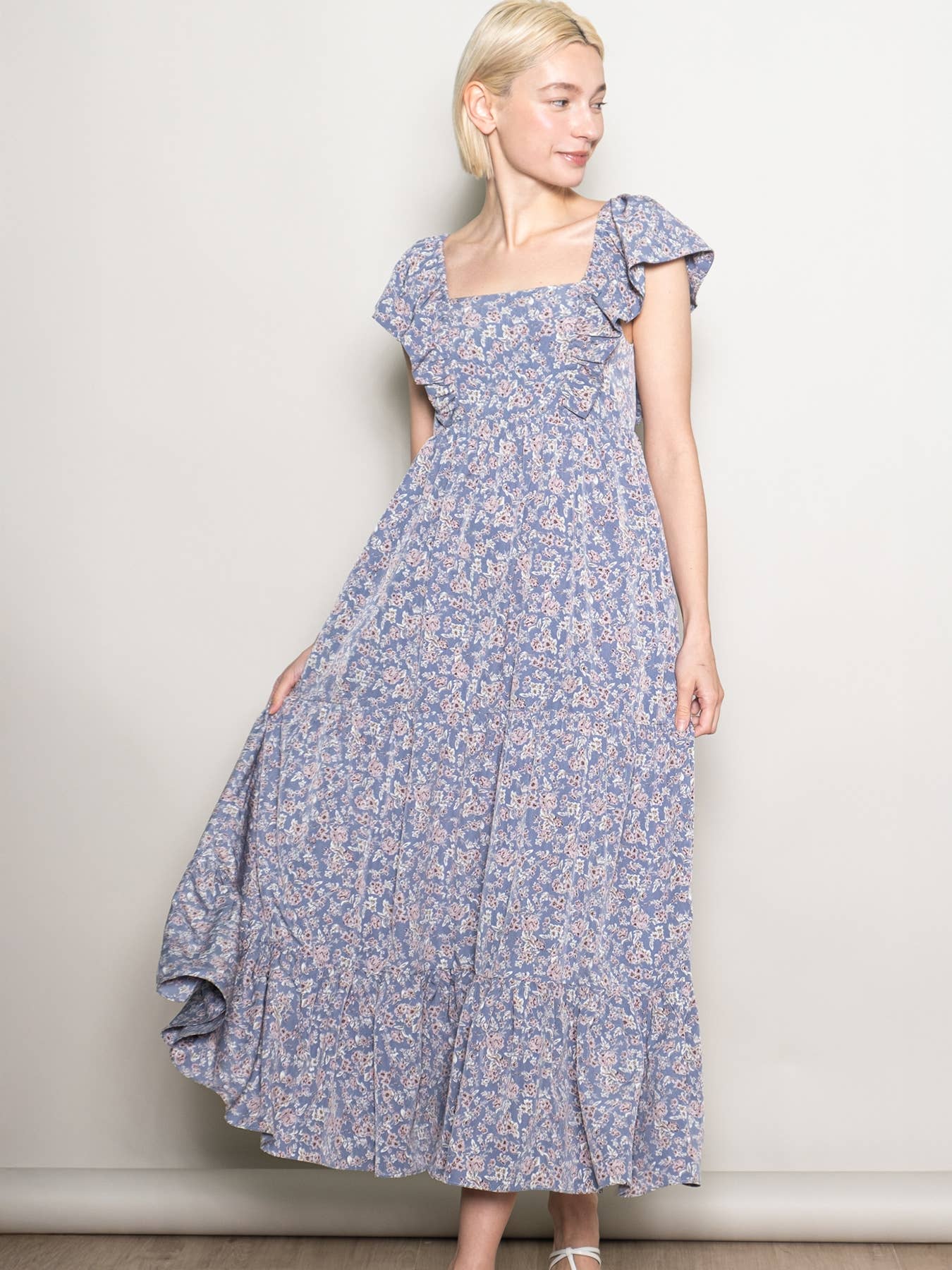 Elloh Collection - Wholesale Dress - Women's - On Off Shoulder Ruffle Sleeve Wide Flare Tiered Maxi Dress4