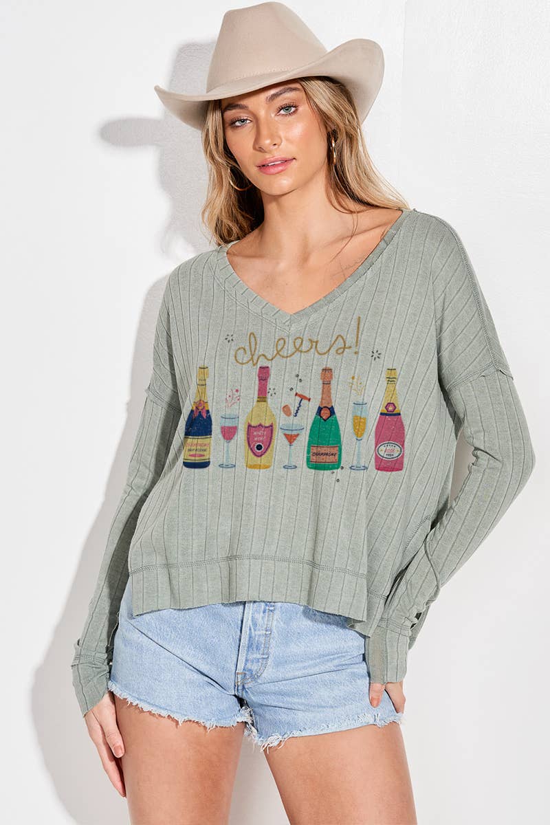 Phil Love - Wholesale Screen Printed T-Shirt - Women's - Holiday champagne bottle v neck long sleeve top4