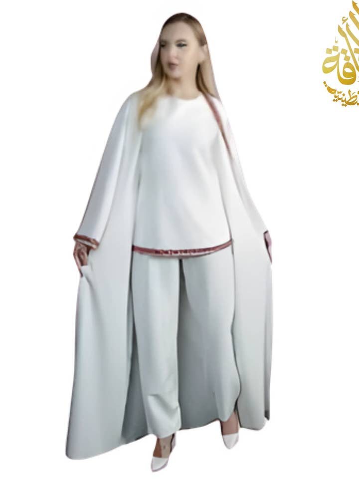 Pantaloni e camicia con abaya in tatreez palestinese - 3 pezzi: Eleganza culturale e artigianato tradizionale per la vendita all'ingrosso da parte di Palestinian Elegance