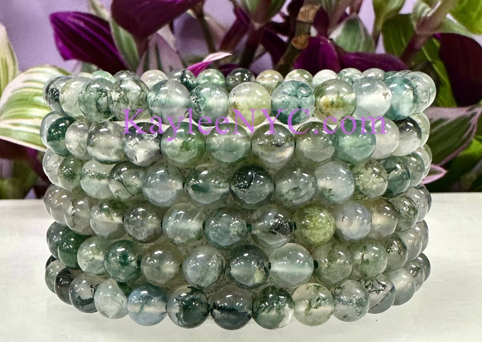 KayleeNYC – wholesale Beaded bracelet – Moss Agate 6mm 7.5” Crystal Healing Stretch Bracelet