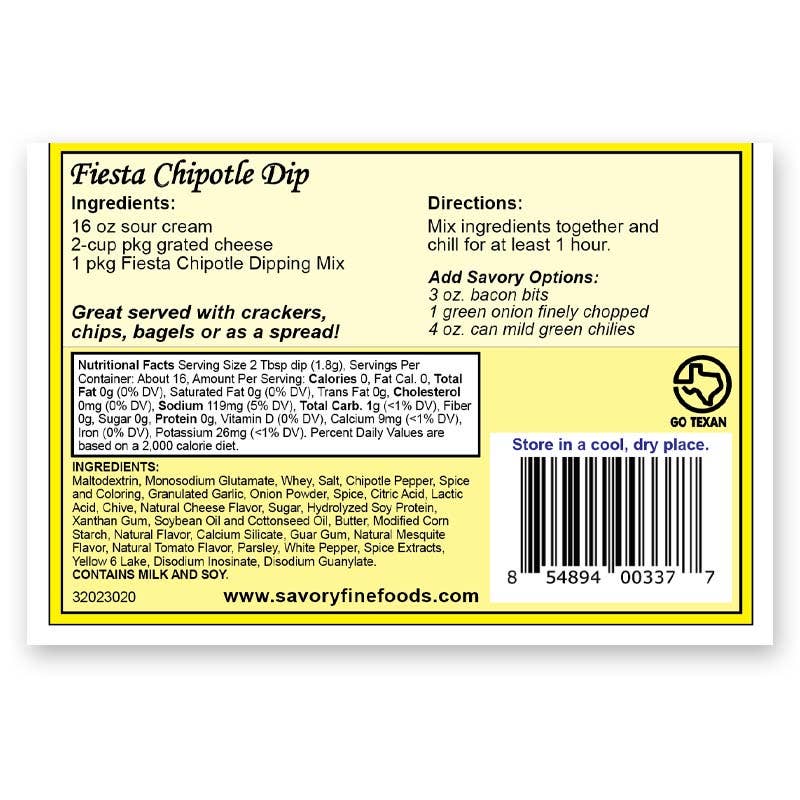 Savory Fine Foods LLC – wholesale Dip – Dip Mixes (12 count) - Fiesta Chipotle Dip Mix2